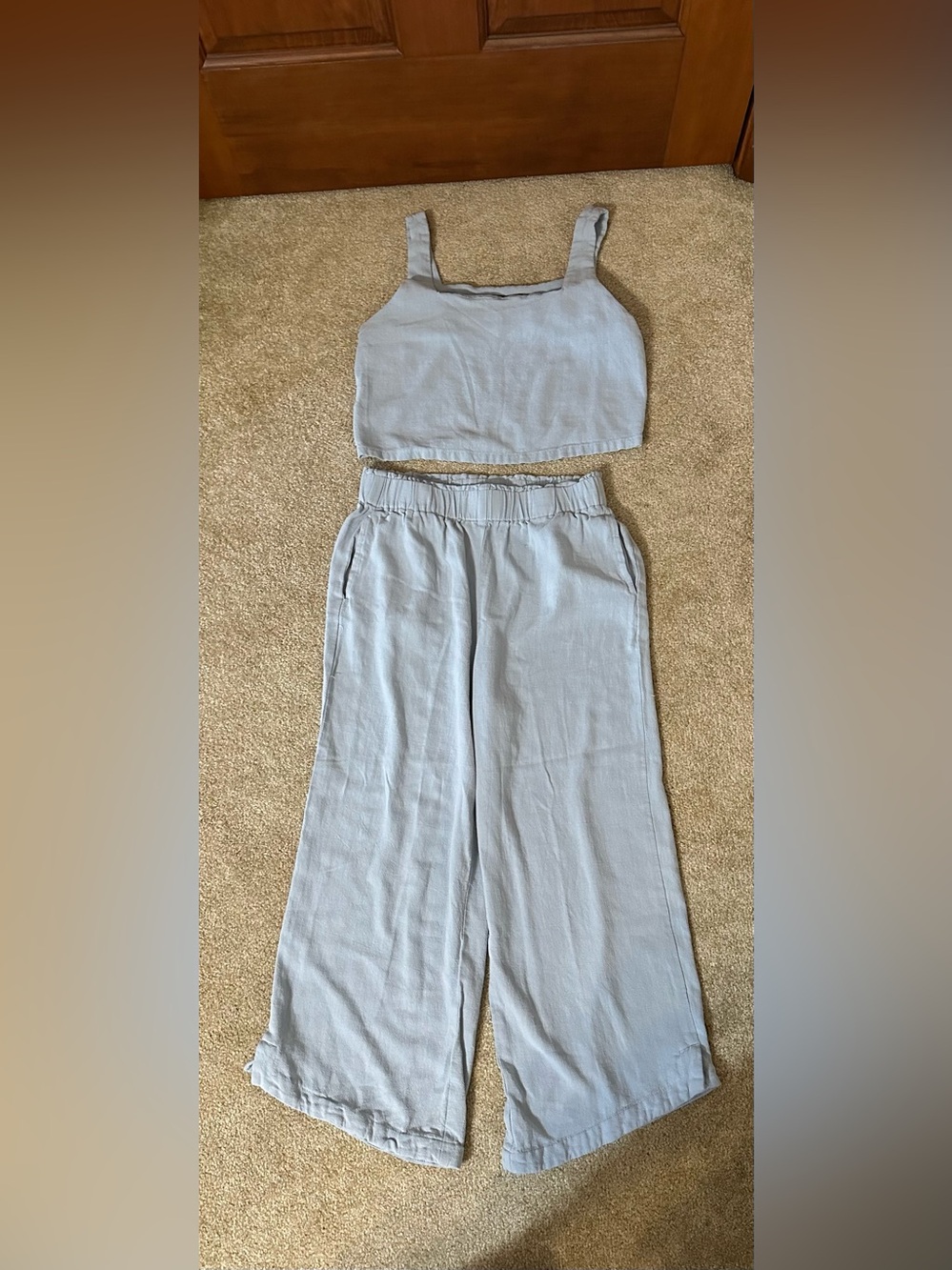 Light Blue Wide-Leg Linen Crop Top & Pants Set